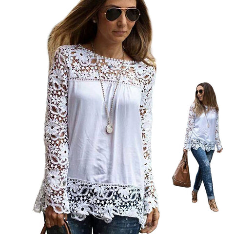 2016 Spring New Hot Europe Fashion Blouses Plus Size Long Sleeve Chiffon Lace Blouses Embroidered Floral Crochet Blouse Shirts