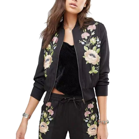 Women sweet floral embroidery bomber jacket long sleeve zipper pockets flight jacket ladies fashion streetwear tops CT1316