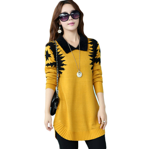 Turn-down collar sweater dress women plus size S-XXXL pullover medium-long print basic ropa mujer wool cashmere sweater 70109