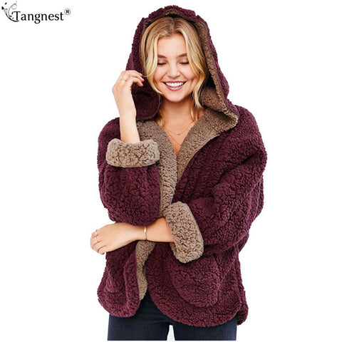 TANGNEST Preppy Style Faux Lamb Wool Coat 2016 Autumn Winter Fashion Fur Jacket Warm Solid Reversible Hooded Garment WWD259