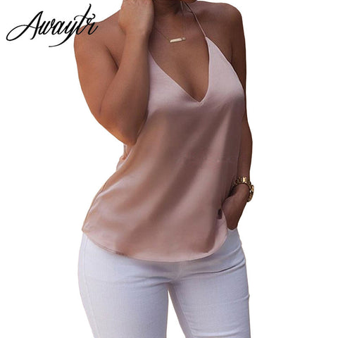 Awaytr Silk Halter Top Women Camisole 2016 Summer Style Sexy Sleeveless Vest Slim Tees Women Camis Roupas Femininas Top Female