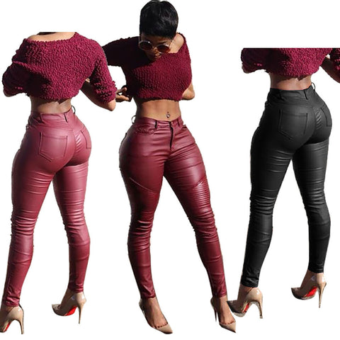 2016 Sexy Skinny Lether Jeans High Waisted Full Length Black Trousers Pockets Pants Casual Plus Size For Women Ladies Feminina