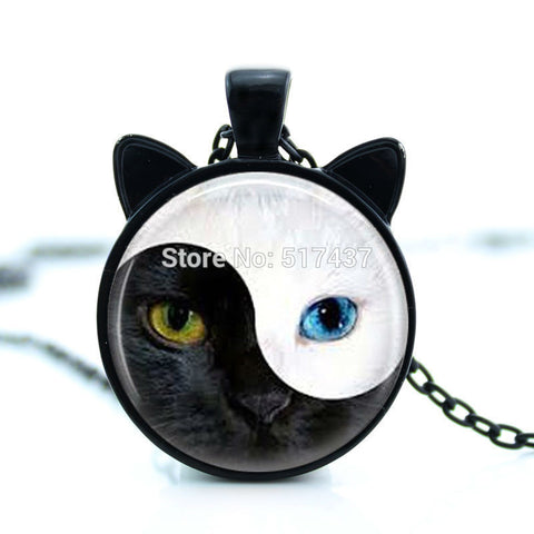 2016 New YIN YANG Cat Necklace Cat Face Pendant Jewelry Cat Ear Pendant Round Glass Necklace CN-00837