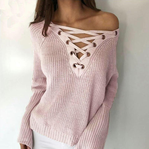 SW158 Autumn Winter Flare Sleeve Knitted Women Sweater Lace up V Neck Pullover Sexy Jumpers Casual Loose Split knitwear Sweater