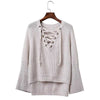 SW158 Autumn Winter Flare Sleeve Knitted Women Sweater Lace up V Neck Pullover Sexy Jumpers Casual Loose Split knitwear Sweater