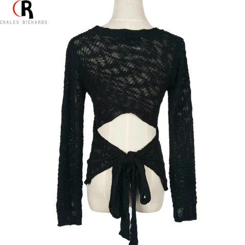 Black Long Sleeve Backless Bowknot Knitted Slim Sweater Casual Sexy Streetwear Fall Spring Top 2016 Women Pullover