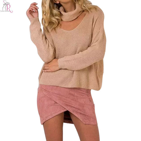 2 Colors Cut Out Cowl High Turtleneck Oversized Knitted Sweater Pullover Jumper Long Sleeve Casual High Street 2016 Women Fall