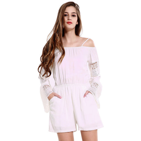 Summer Womens off Shoulder Jumpsuits 2016 Brand White Hollow Out long sleeve Playsuit Sexy Backless Rompers jumpsuit Clothes